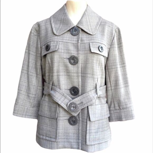 Kensie Gray Plaid Large Button Front Flap Pocket Belted Blazer Jacket - Picture 3 of 10